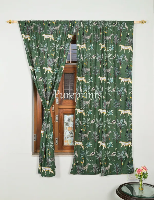 Tiger_Print_Cotton_Curtain_Set:_Green_Bohemian_Semi_Sheer_Drapes