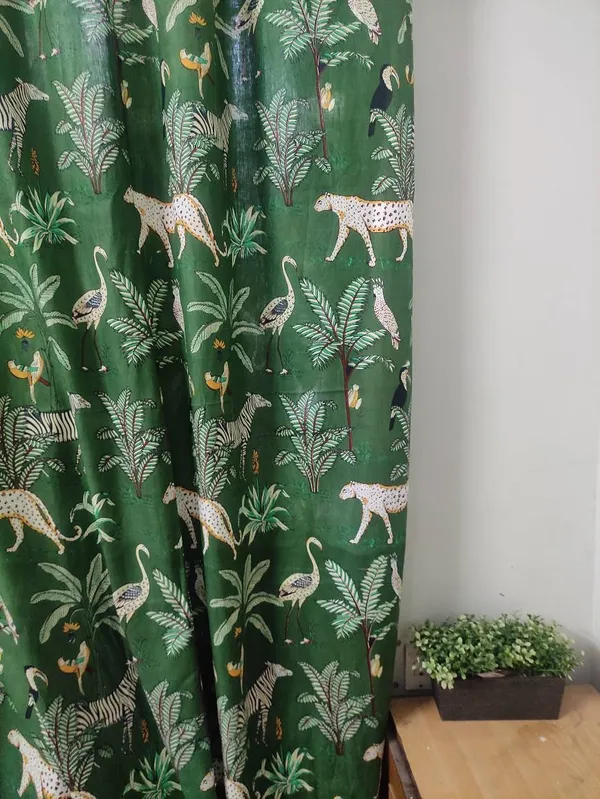 Tiger_Print_Cotton_Curtain_Set:_Green_Bohemian_Semi_Sheer_Drapes