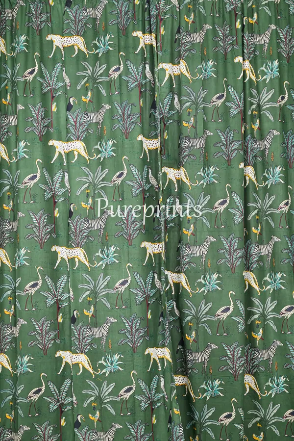 Tiger_Print_Cotton_Curtain_Set:_Green_Bohemian_Semi_Sheer_Drapes