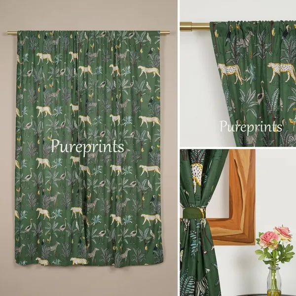 Tiger_Print_Cotton_Curtain_Set:_Green_Bohemian_Semi_Sheer_Drapes