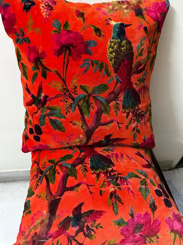 Velvet_Pillow_Cover_With_Bird_Of_Paradise_Colorful_Pattern,_Coral_Orange_Color_Colorful_Decor.