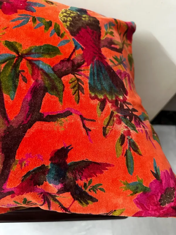 Velvet_Pillow_Cover_With_Bird_Of_Paradise_Colorful_Pattern,_Coral_Orange_Color_Colorful_Decor.