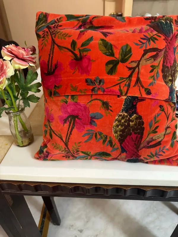 Velvet_Pillow_Cover_With_Bird_Of_Paradise_Colorful_Pattern,_Coral_Orange_Color_Colorful_Decor.