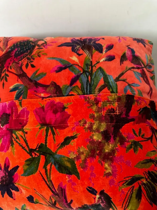 Velvet_Pillow_Cover_With_Bird_Of_Paradise_Colorful_Pattern,_Coral_Orange_Color_Colorful_Decor.