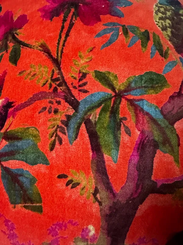 Velvet_Pillow_Cover_With_Bird_Of_Paradise_Colorful_Pattern,_Coral_Orange_Color_Colorful_Decor.