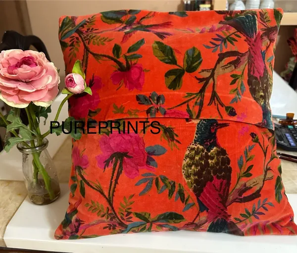 Velvet_Pillow_Cover_With_Bird_Of_Paradise_Colorful_Pattern,_Coral_Orange_Color_Colorful_Decor.