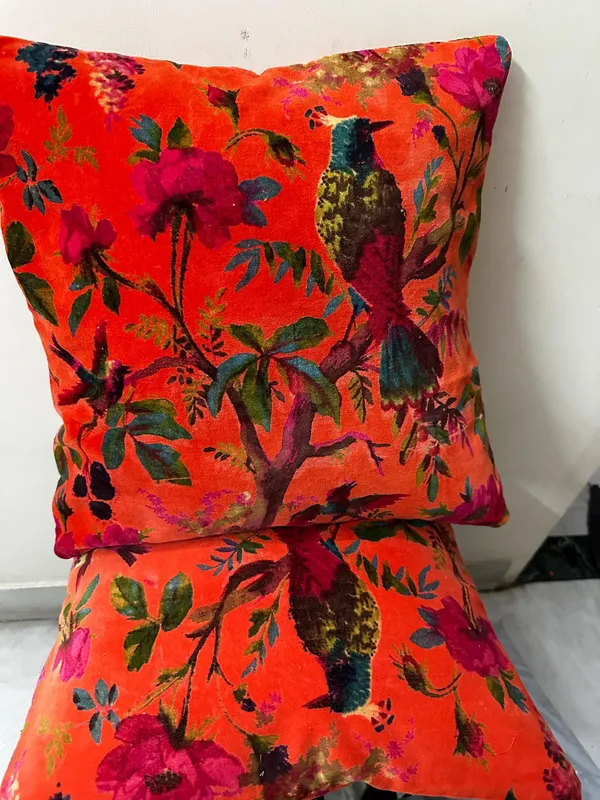 Velvet_Pillow_Cover_With_Bird_Of_Paradise_Colorful_Pattern,_Coral_Orange_Color_Colorful_Decor.