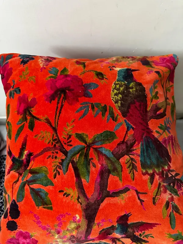 Velvet_Pillow_Cover_With_Bird_Of_Paradise_Colorful_Pattern,_Coral_Orange_Color_Colorful_Decor.