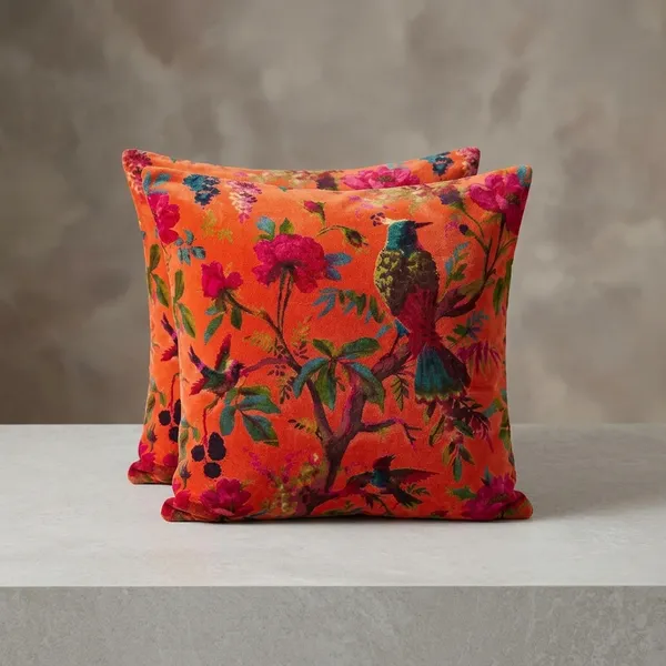 Velvet_Pillow_Cover_With_Bird_Of_Paradise_Colorful_Pattern,_Coral_Orange_Color_Colorful_Decor.