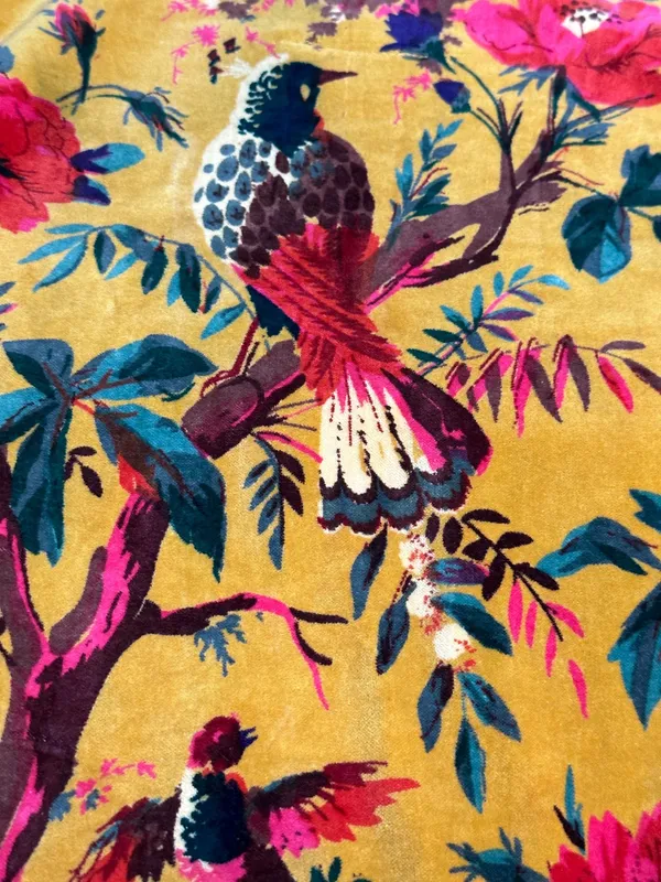 Hand_Printed_Cotton_Velvet_Fabric:_Mustard_Yellow_Floral_Upholstery,_Quilting_-_By_The_Yard