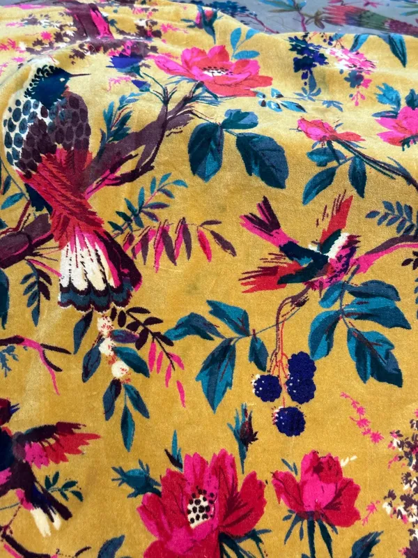 Hand_Printed_Cotton_Velvet_Fabric:_Mustard_Yellow_Floral_Upholstery,_Quilting_-_By_The_Yard