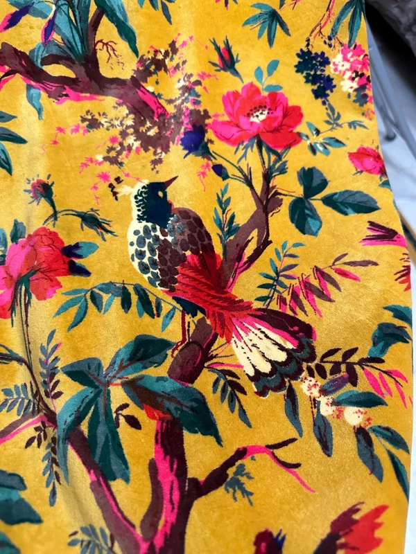 Hand_Printed_Cotton_Velvet_Fabric:_Mustard_Yellow_Floral_Upholstery,_Quilting_-_By_The_Yard