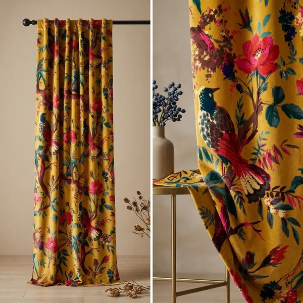 Hand_Printed_Cotton_Velvet_Fabric:_Mustard_Yellow_Floral_Upholstery,_Quilting_-_By_The_Yard