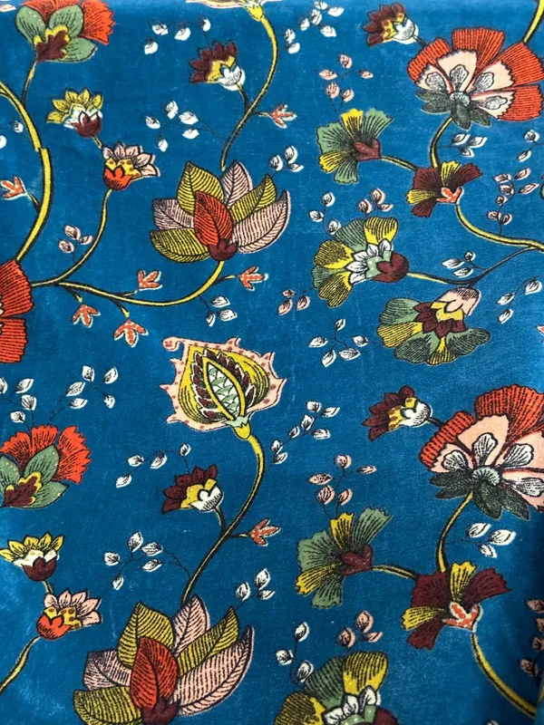 Hand_Printed_Cotton_Velvet_Fabric:_Teal_Floral_Upholstery,_Quilting_&_Decor