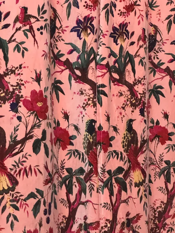 Hand_Printed_Cotton_Velvet_Fabric:_Peach_Bird_Print,_Upholstery_&_Decor
