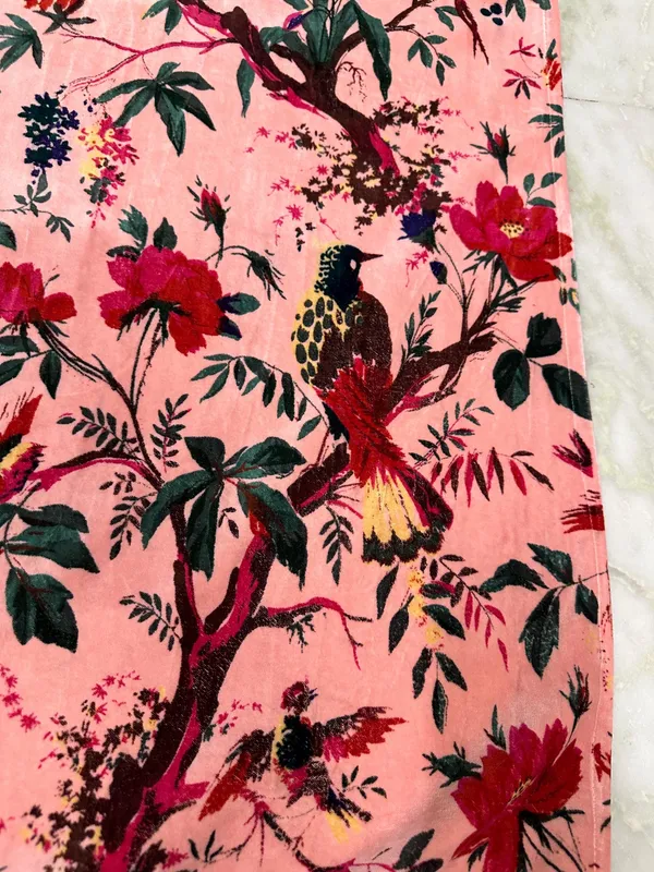 Hand_Printed_Cotton_Velvet_Fabric:_Peach_Bird_Print,_Upholstery_&_Decor