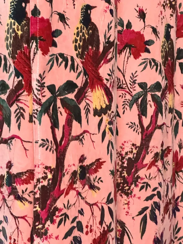 Hand_Printed_Cotton_Velvet_Fabric:_Peach_Bird_Print,_Upholstery_&_Decor