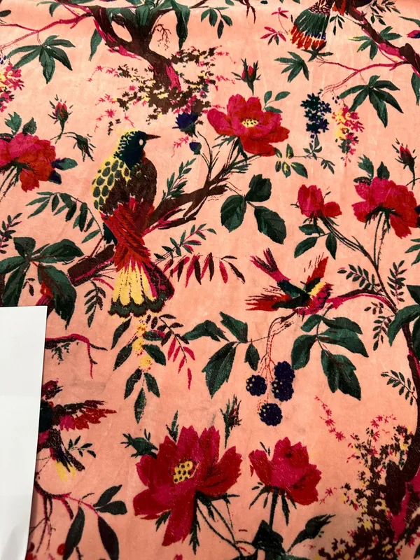 Hand_Printed_Cotton_Velvet_Fabric:_Peach_Bird_Print,_Upholstery_&_Decor