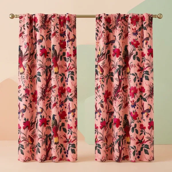Hand_Printed_Cotton_Velvet_Fabric:_Peach_Bird_Print,_Upholstery_&_Decor