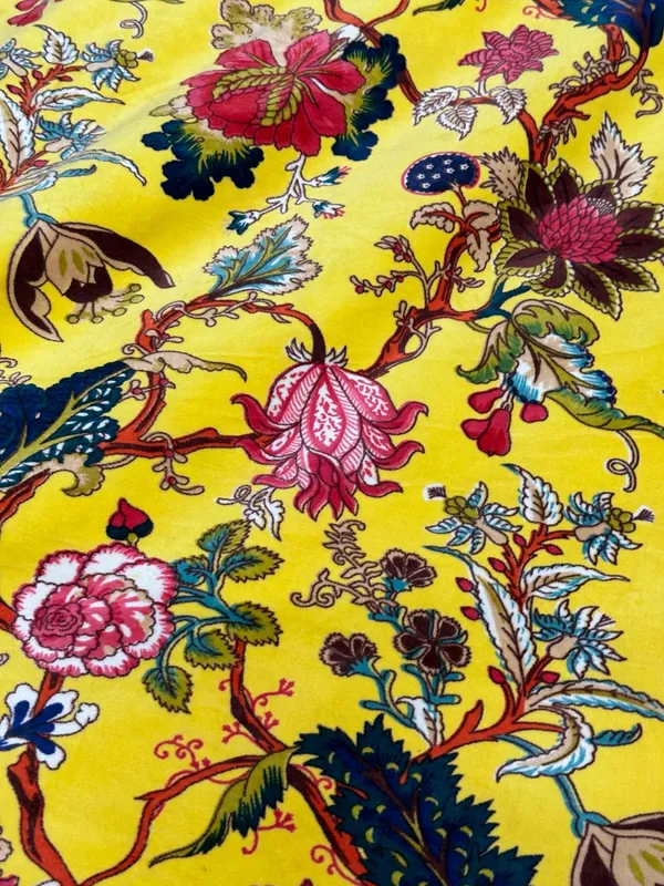 Hand_Printed_Cotton_Velvet_Fabric:_Sunshine_Yellow_Floral_Upholstery