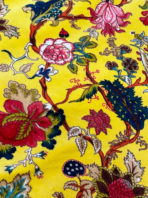 Hand_Printed_Cotton_Velvet_Fabric:_Sunshine_Yellow_Floral_Upholstery
