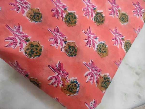 Peach_Pink_Floral_Cotton_Fabric:_Hand_Block_Mughal_Print