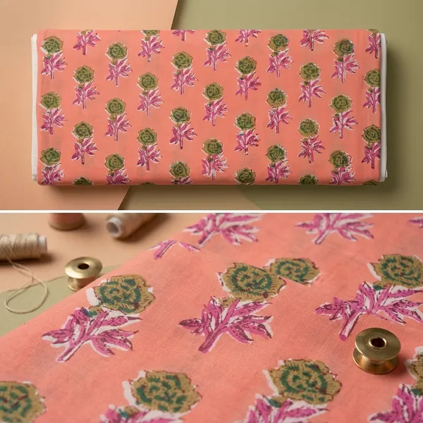 Peach_Pink_Floral_Cotton_Fabric:_Hand_Block_Mughal_Print