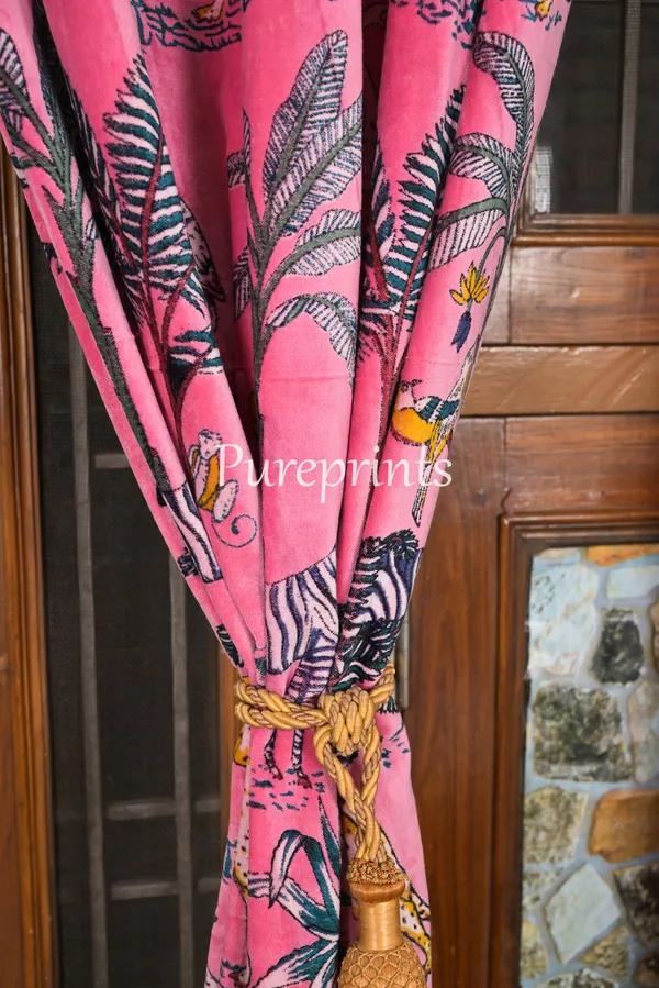 Vintage_Cotton_Velvet_Curtain:_Candy_Pink_Jungle_Print,_Boho_Drapes_(Set_Of_Two)