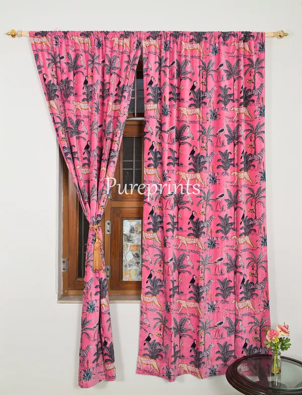 Vintage_Cotton_Velvet_Curtain:_Candy_Pink_Jungle_Print,_Boho_Drapes_(Set_Of_Two)