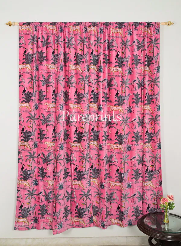 Vintage_Cotton_Velvet_Curtain:_Candy_Pink_Jungle_Print,_Boho_Drapes_(Set_Of_Two)