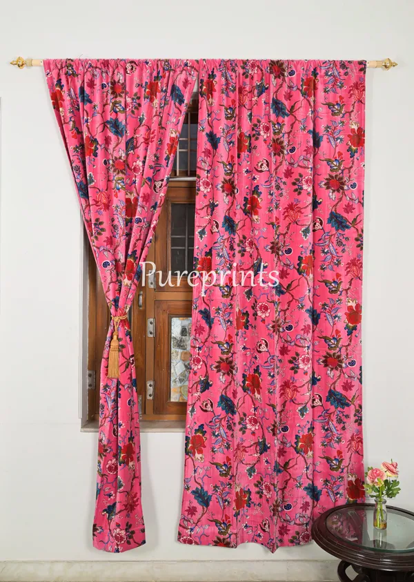 Vintage_Cotton_Velvet_Curtain:_Candy_Pink_Jungle_Print,_Boho_Drapes_(Set_Of_Two)