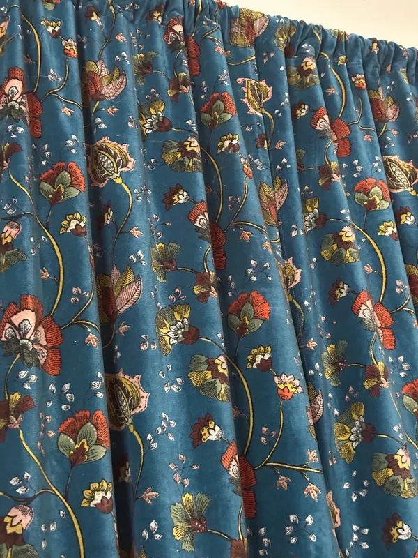 Floral_Cotton_Velvet_Curtain:_Teal_Blue_Boho_Drapes,_Custom_Size