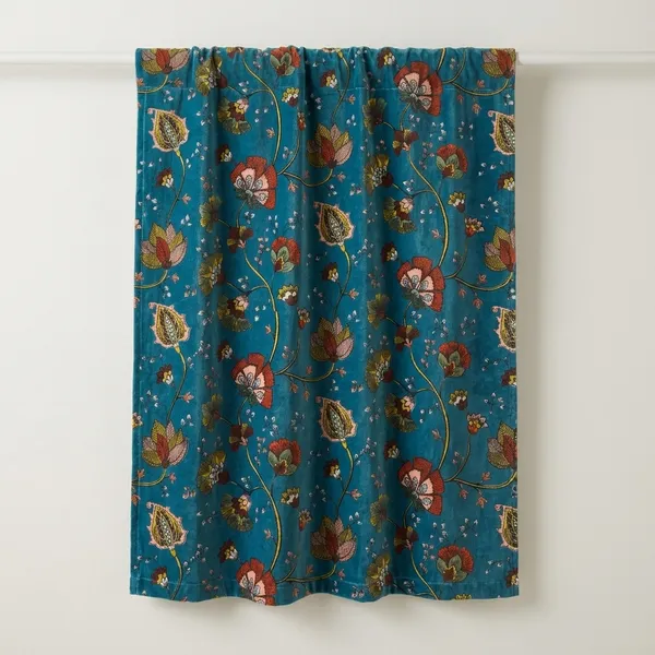 Floral_Cotton_Velvet_Curtain:_Teal_Blue_Boho_Drapes,_Custom_Size