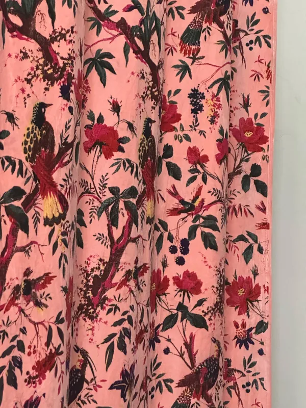 Vintage_Style_Cotton_Velvet_Curtain:_Bird_Print_Boho_Drapes