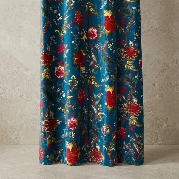 Floral_Cotton_Velvet_Curtain:_Teal_Blue_Boho_Drapes,_Custom_Size