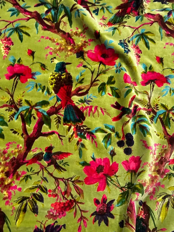 Hand_Printed_Cotton_Velvet_Fabric:_Olive_Green_Floral_Bird_Upholstery