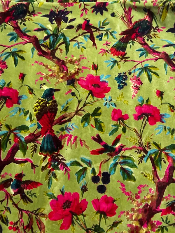 Hand_Printed_Cotton_Velvet_Fabric:_Olive_Green_Floral_Bird_Upholstery