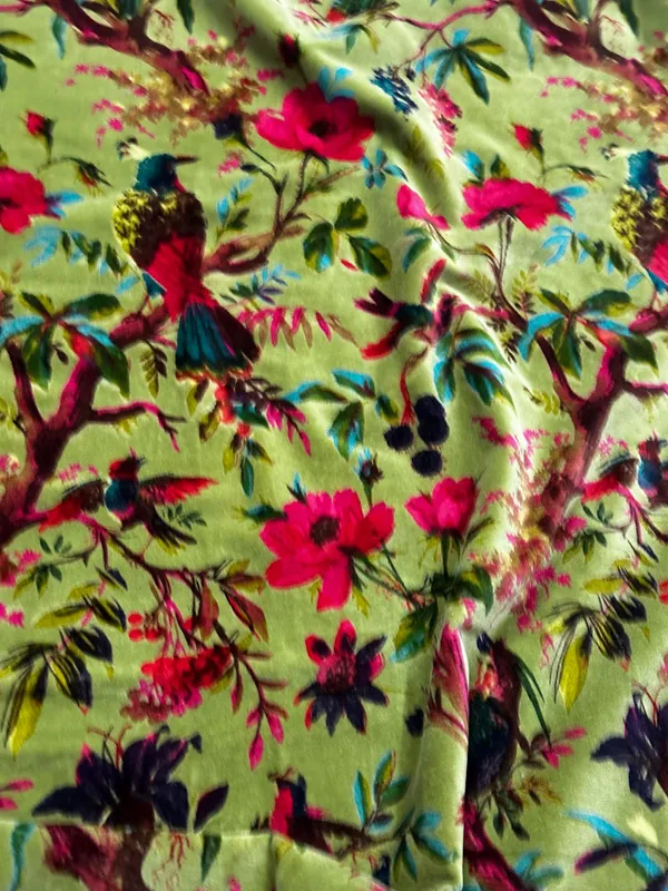 Hand_Printed_Cotton_Velvet_Fabric:_Olive_Green_Floral_Bird_Upholstery