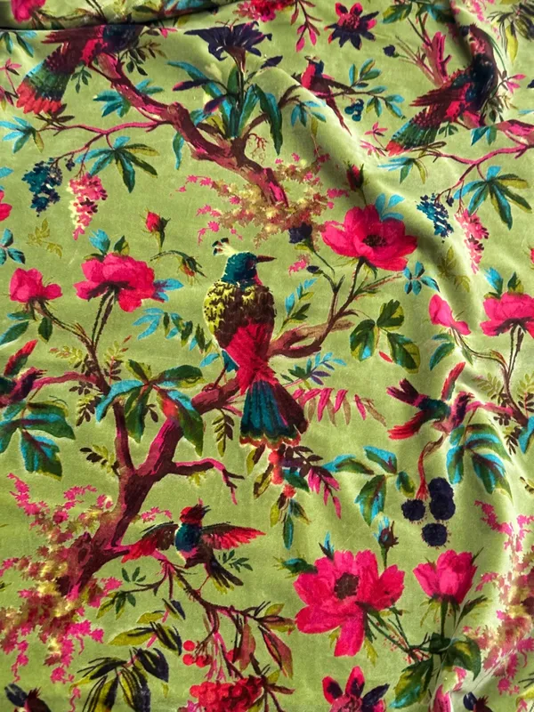 Hand_Printed_Cotton_Velvet_Fabric:_Olive_Green_Floral_Bird_Upholstery