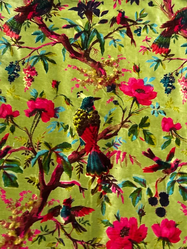 Hand_Printed_Cotton_Velvet_Fabric:_Olive_Green_Floral_Bird_Upholstery