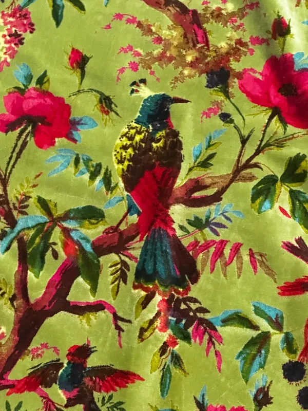 Hand_Printed_Cotton_Velvet_Fabric:_Olive_Green_Floral_Bird_Upholstery