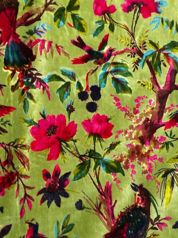 Hand_Printed_Cotton_Velvet_Fabric:_Olive_Green_Floral_Bird_Upholstery