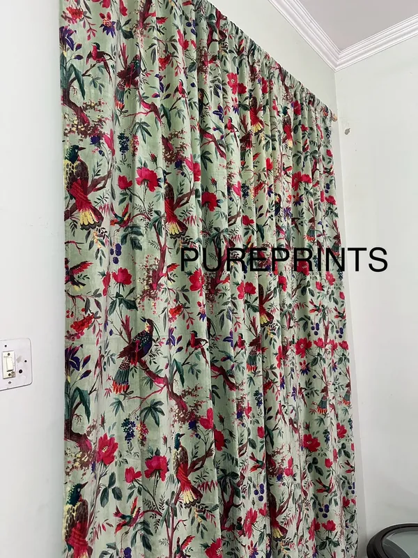 Sage_Green_Velvet_Curtain:_Bird_Print_Boho_Drapes,_Custom_Size