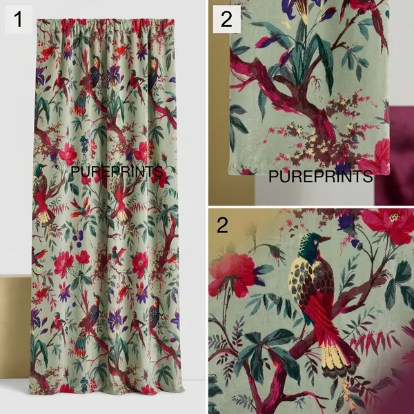 Sage_Green_Velvet_Curtain:_Bird_Print_Boho_Drapes,_Custom_Size