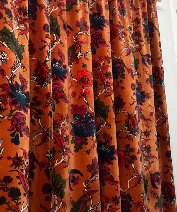 Rust_Orange_Cotton_Velvet_Curtain_Panel:_Boho_Drapes,Floral_Cotton_Velvet_Curtain.