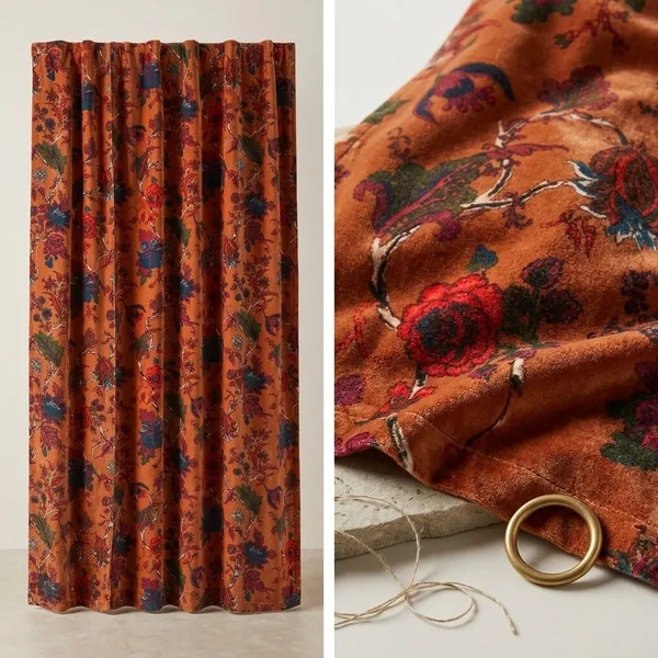 Rust_Orange_Cotton_Velvet_Curtain_Panel:_Boho_Drapes,Floral_Cotton_Velvet_Curtain.