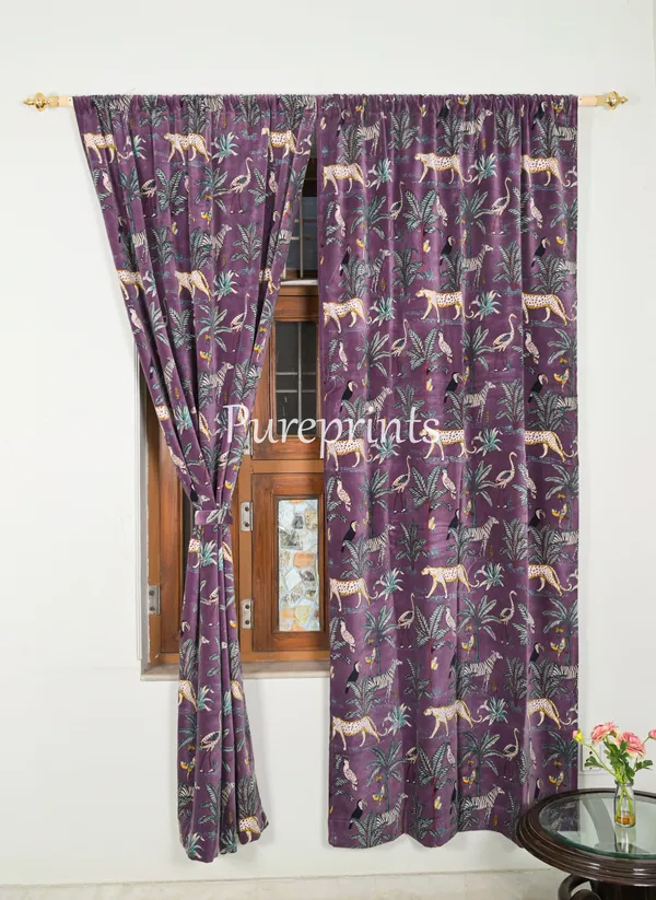 Vintage_Cotton_Velvet_Curtain_Set:_Lilac_Animal_Print_Drapes