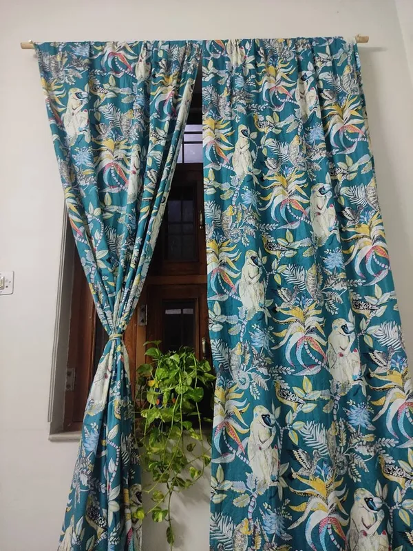 Teal_Tropical_Cotton_Curtain_Set:_Rainforest_Animal_Print