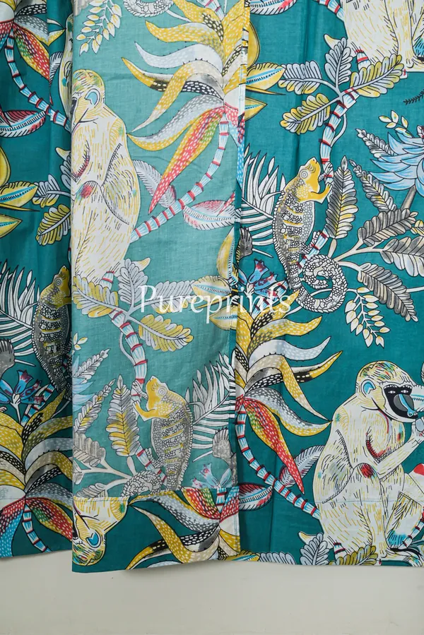 Teal_Tropical_Cotton_Curtain_Set:_Rainforest_Animal_Print