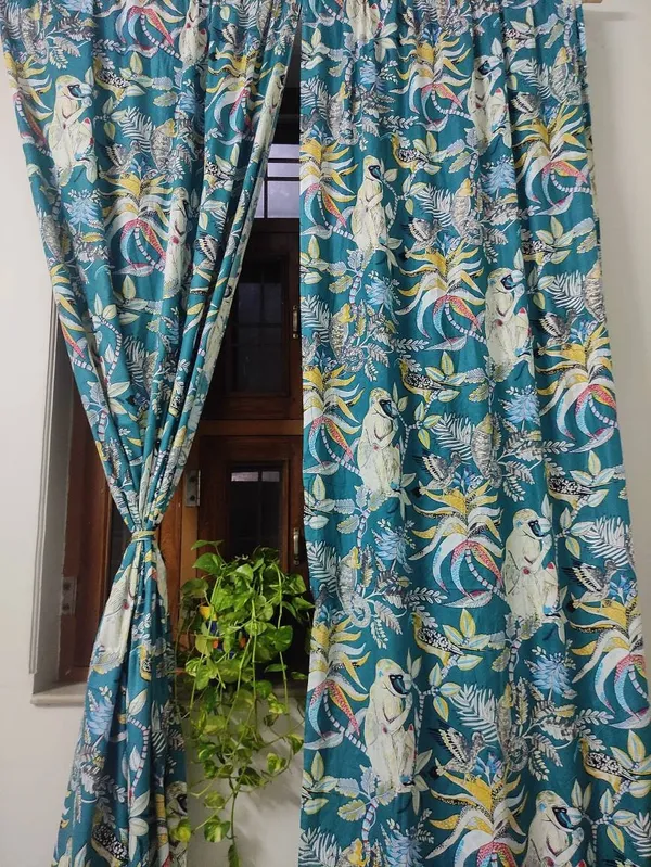 Teal_Tropical_Cotton_Curtain_Set:_Rainforest_Animal_Print